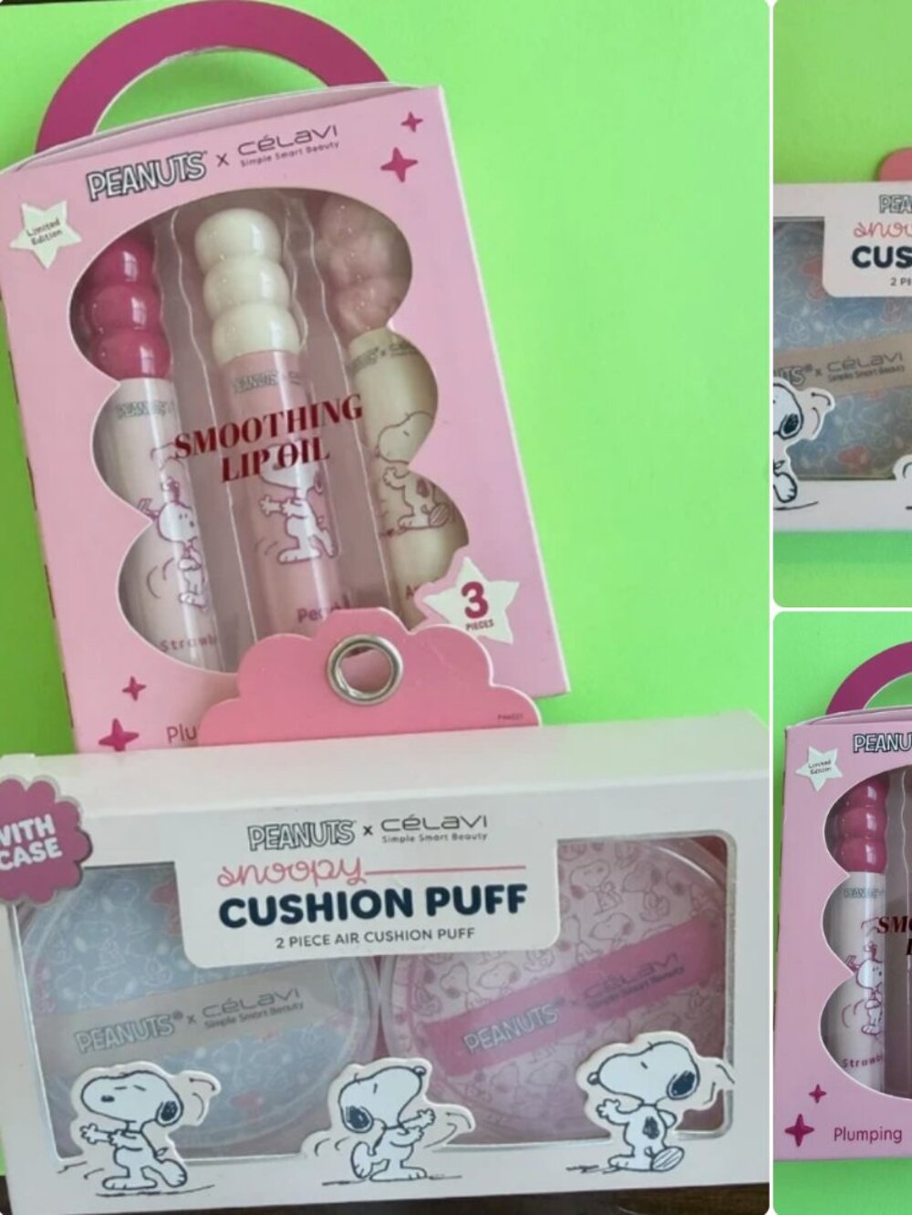 Snoopy Peanuts x Célavi 3PK Smoothing Lip Oil Trio & Cushion Puffs 2PK